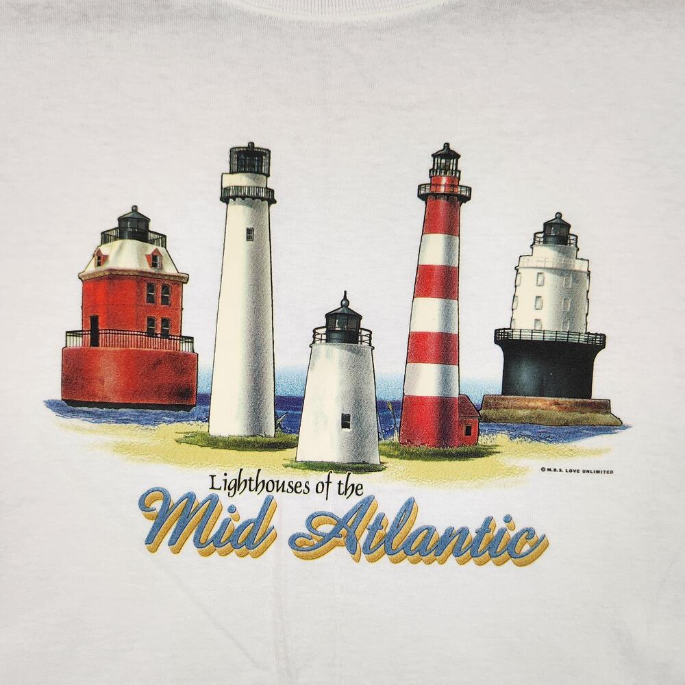 Vintage Lighthouses Of The Mid Atlantic Shirt Mens XL White Nautical Graphic Y2k